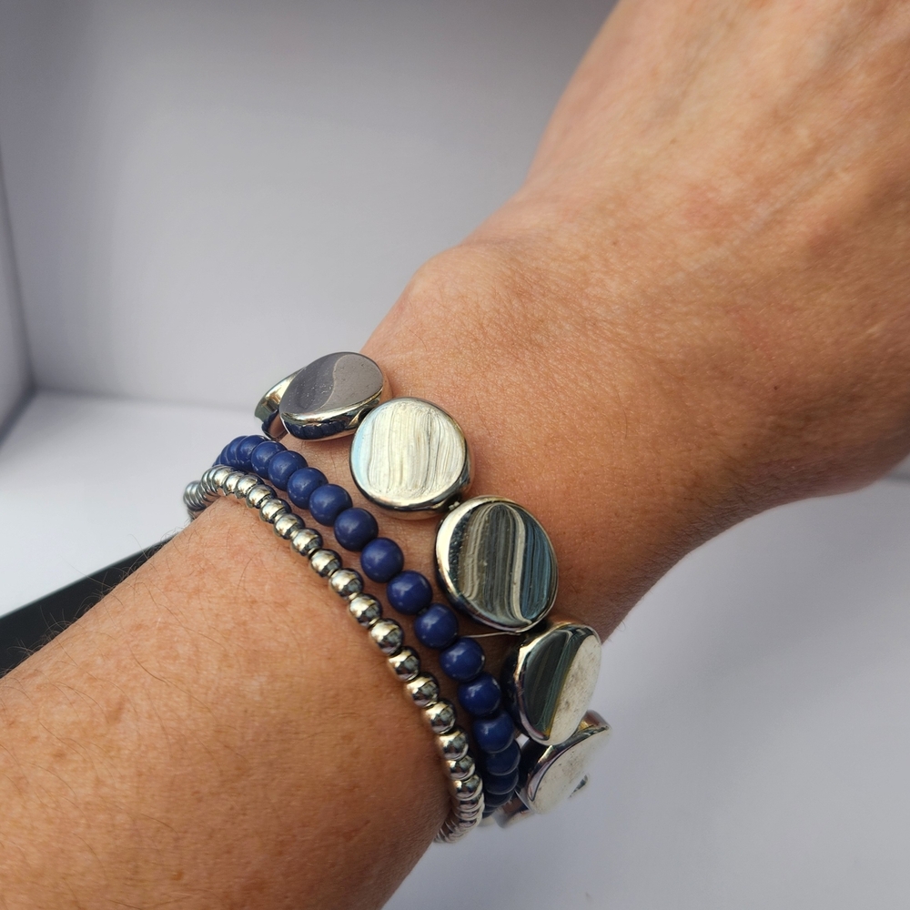 Elegant Silver and Blue Beaded Bracelet Set